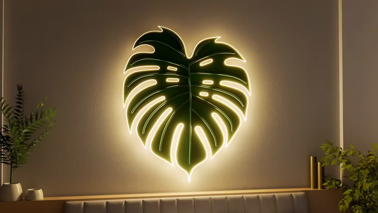 Glowing Monstera Leaf Neon Sign on a Wall