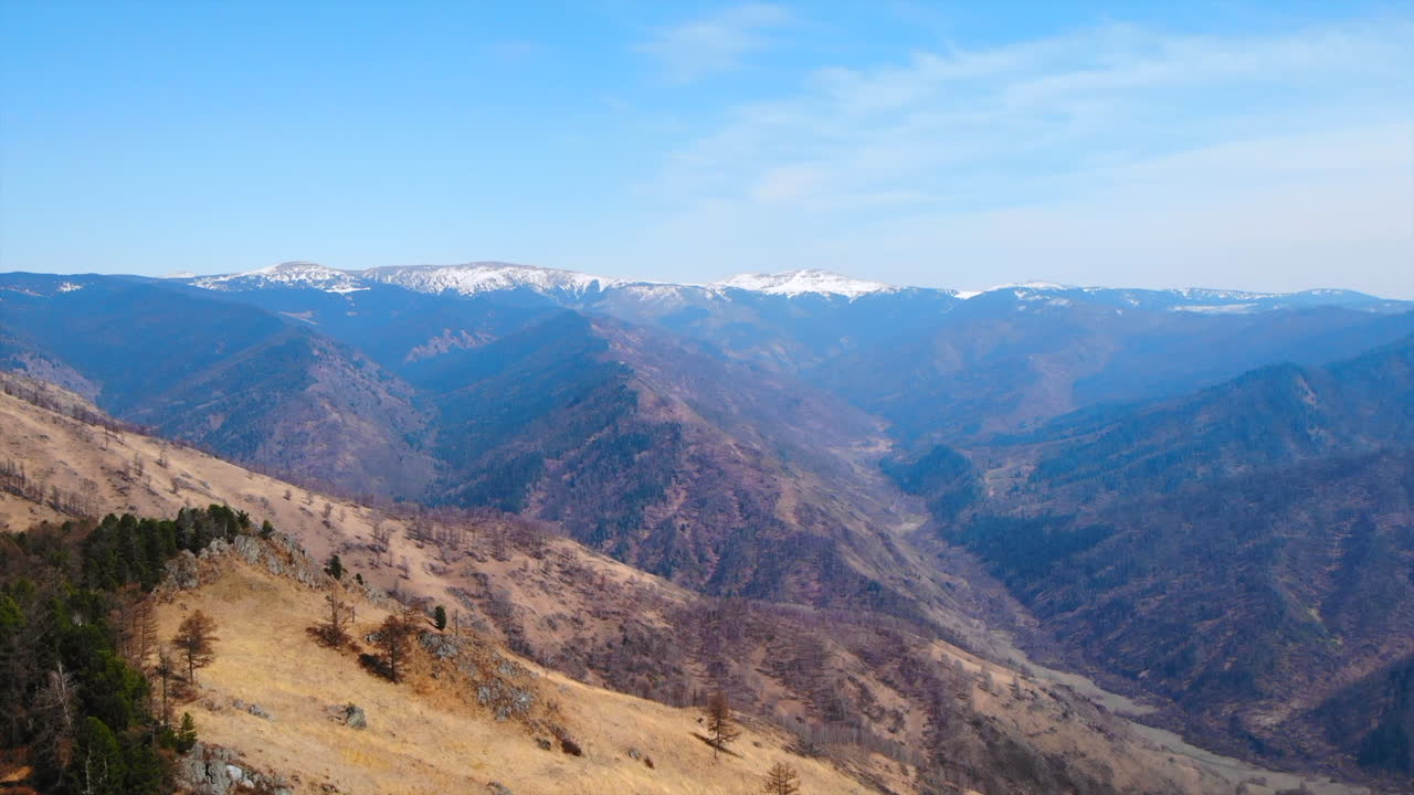 Panoramic View of Mountain Range with Snow-capped Peaks
