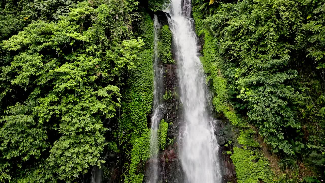 la imagen captura una cascada verde rodeada de exuberante follaje verde, tomada desde un punto de vista alto que