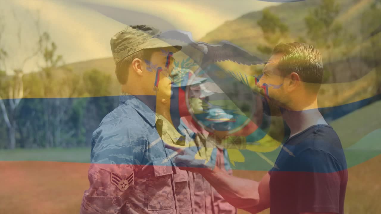 Host moving along row, pinning insignia on camo for military promotion, flag overlaying scene