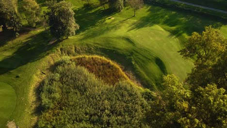 Aerial-establishing-drone-shot-flying-upfront-about-trees-showing-golf-course-with-pond-during-sunny-summer-day