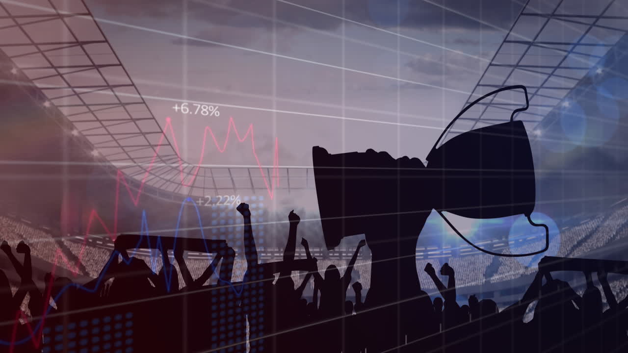 경기장에서 트로피와 스포츠 팬에 대한 그래프에 대한 데이터와 함께 사회적 거리두기 텍스트의 애니메이션