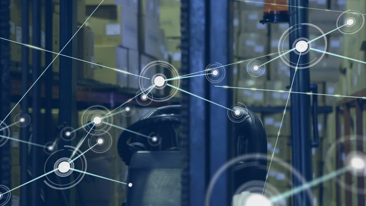 Animation of network of connections against close up of forklift machine at warehouse