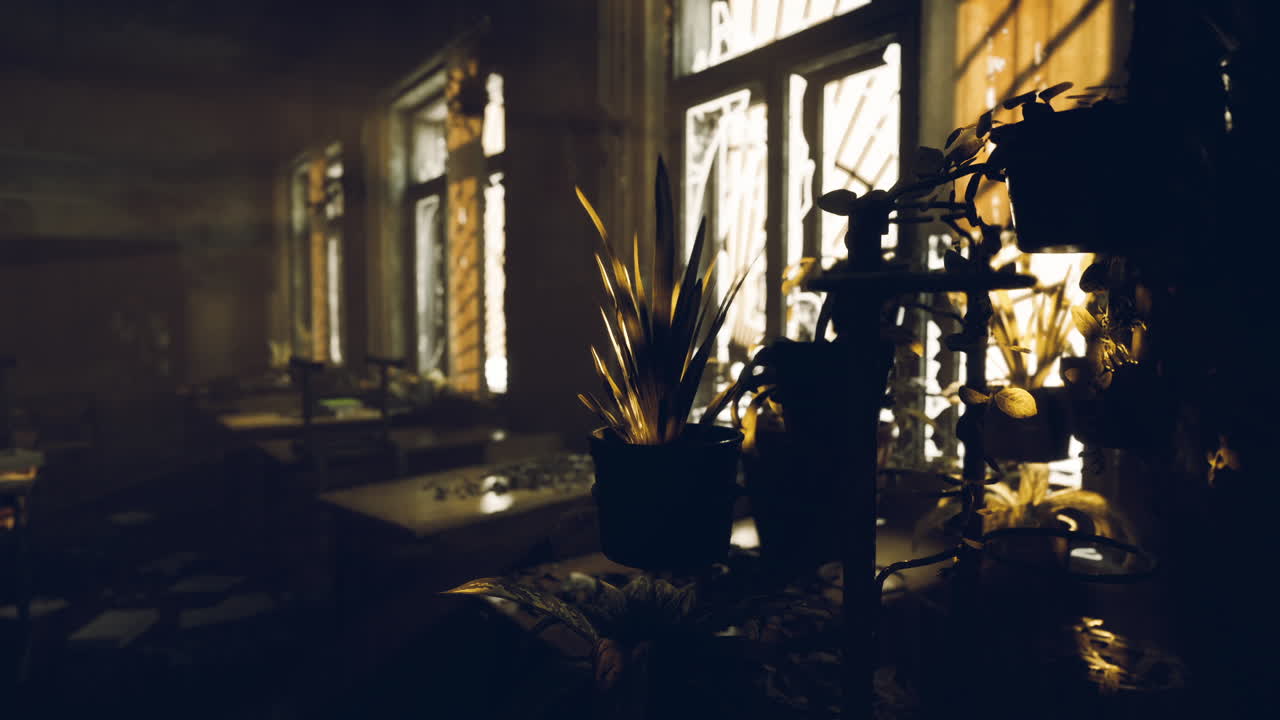 Bright sunlight streaming through windows in a serene indoor garden space