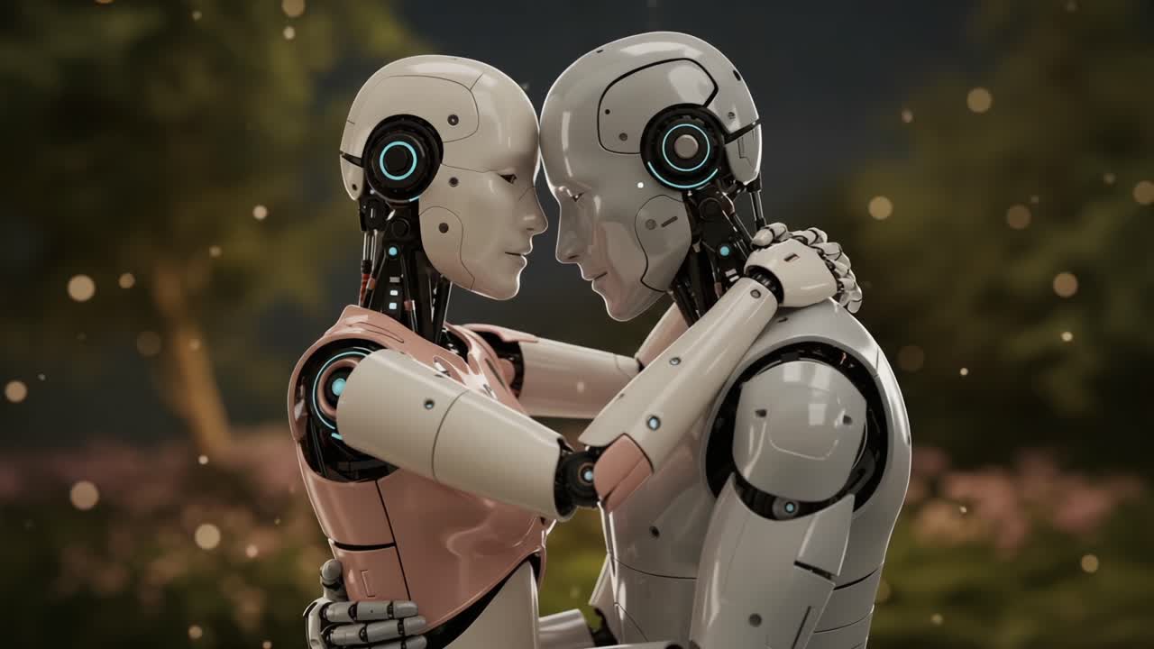 A heartfelt moment between two humanoid robots showcasing the connection and intimacy of artificial intelligence in a beautifully rendered nature setting