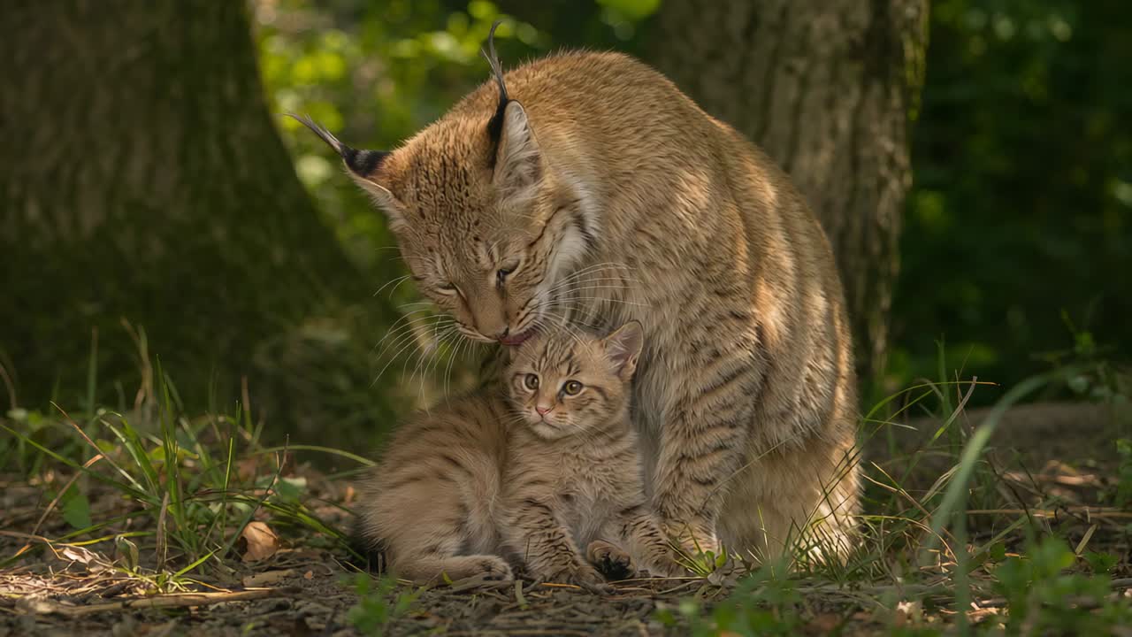 Lince madre che si sistema leccando e poi alzando la testa, proteggendo il cucciolo vicino al tronco di un albero, luce solare screziata