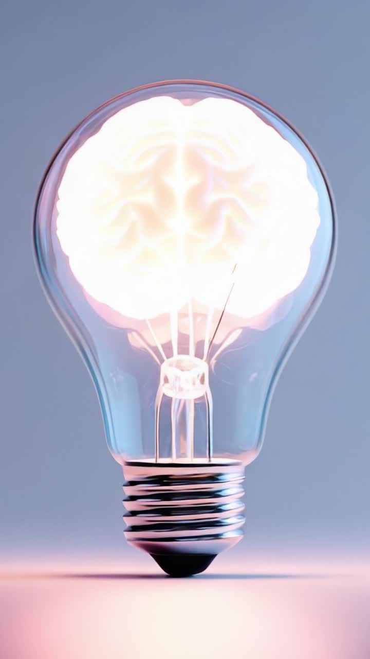 Un cervello luminoso racchiuso in una lampadina: una rappresentazione creativa di idee e innovazione che simboleggia illuminazione e conoscenza.