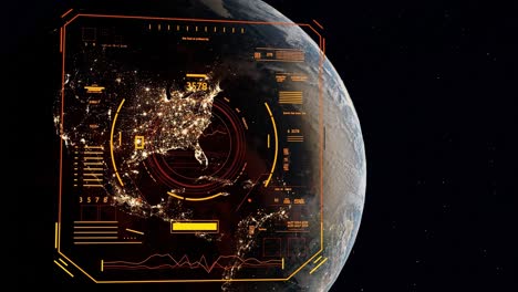 Vista-Del-Planeta-Tierra-Desde-El-Espacio-Con-Infografías-Holográficas-Y-Mapas-De-Contaminación-Lumínica-De-Estados-Unidos,-La-Principal-Capital-De-La-Ciudad-Inteligente.