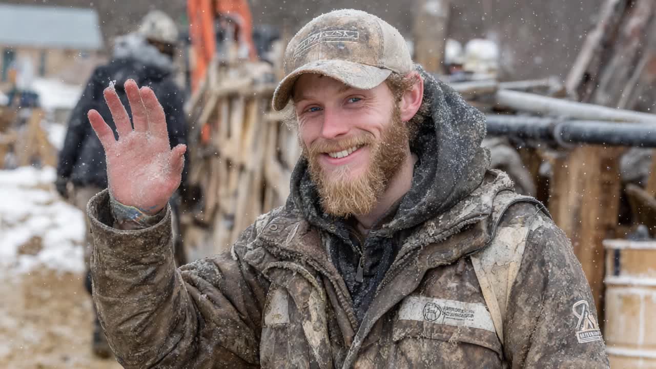 A Friendly Wave from a Dedicated Worker Amidst a Snowy Worksite, Showcasing the Resilience and Camaraderie of Labor in Harsh Conditions