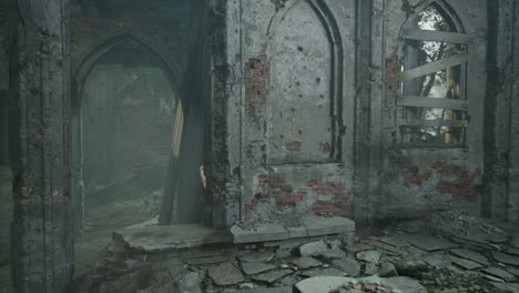 room in a ruined building with table and chairs