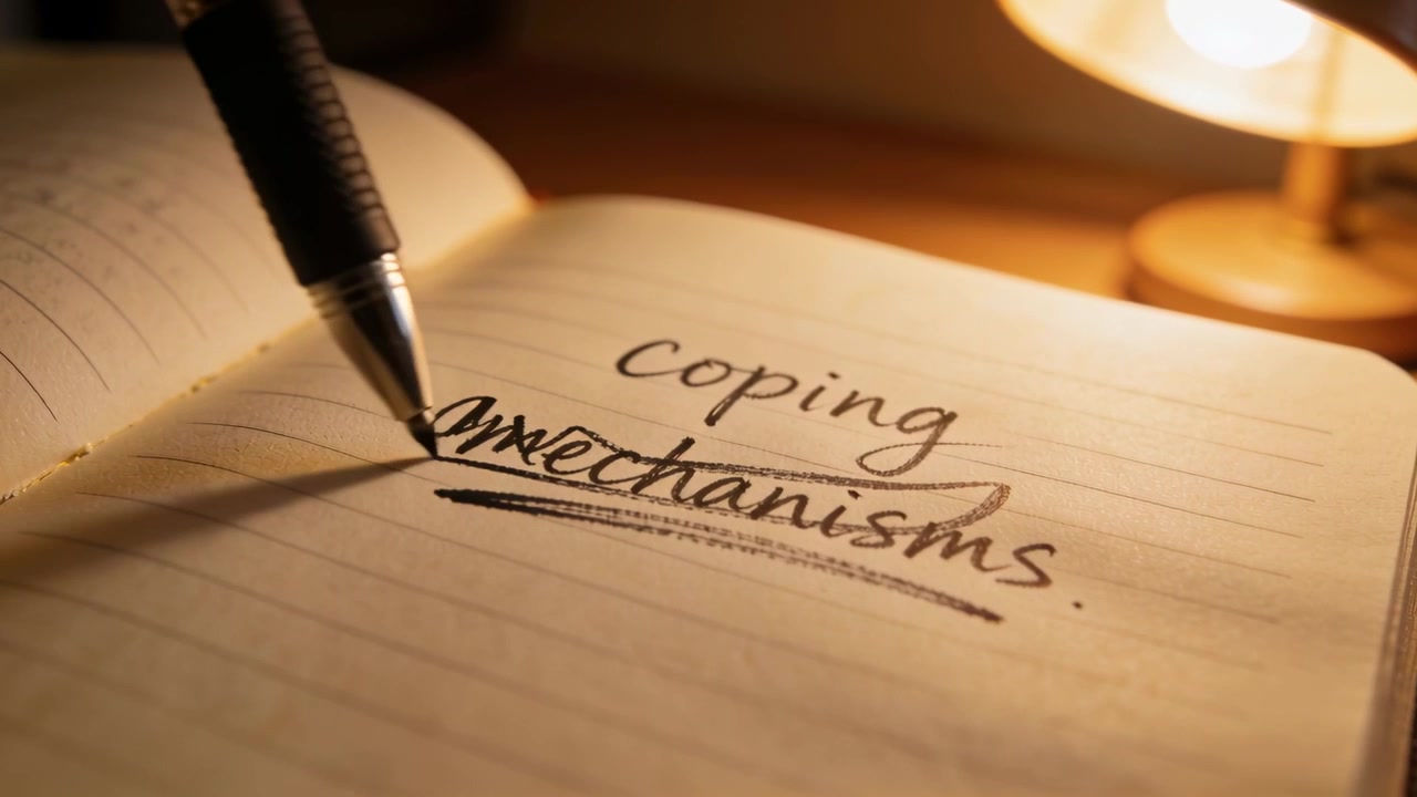 Approaching black pen tip lowering underlining Coping mechanisms dot on ruled page at desk lamp