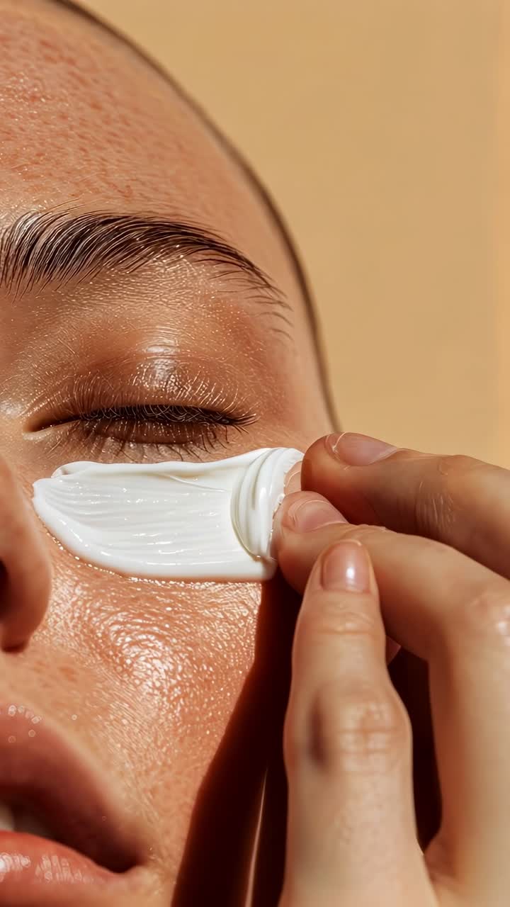 Close-up video shot of a person applying cream under the eye, showcasing skincare routine