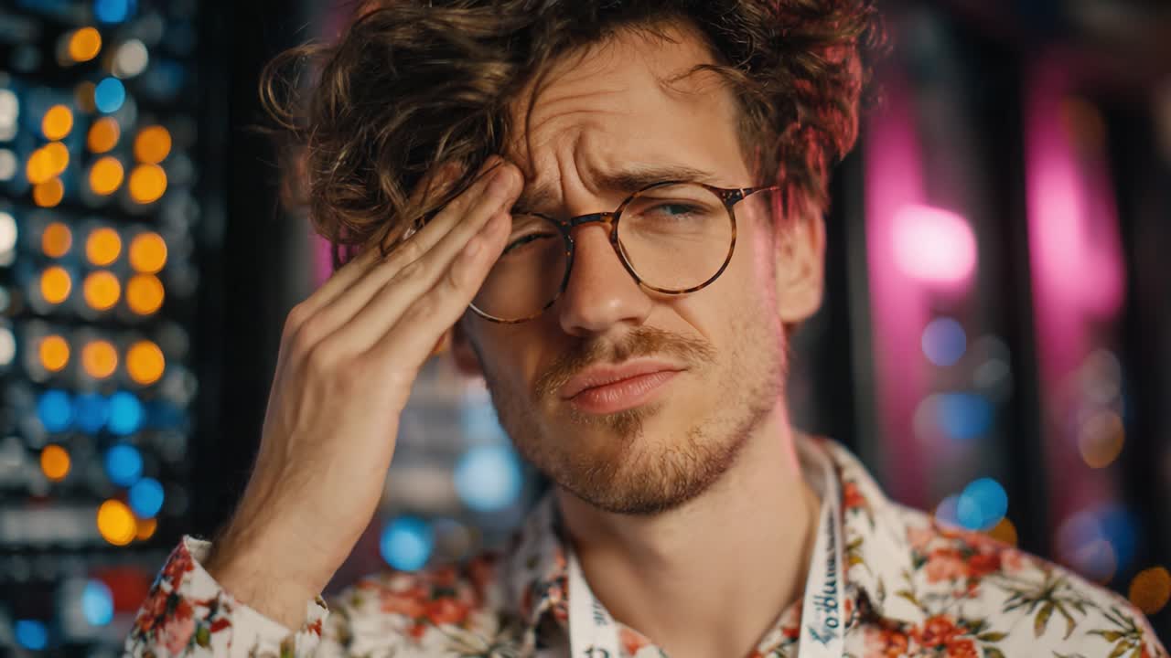 A Close-Up of a Troubled Individual with Curly Hair and Glasses, Captured in a Colorful Environment, Expressing Frustration or Stress Amidst Tech Background