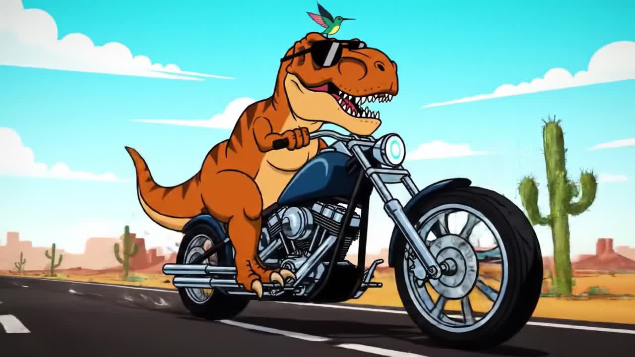 An Animated Tyrannosaurus Rex Riding a Motorcycle in a Colorful Desert Landscape, Showcasing Adventure and Fun with Style and Finesse