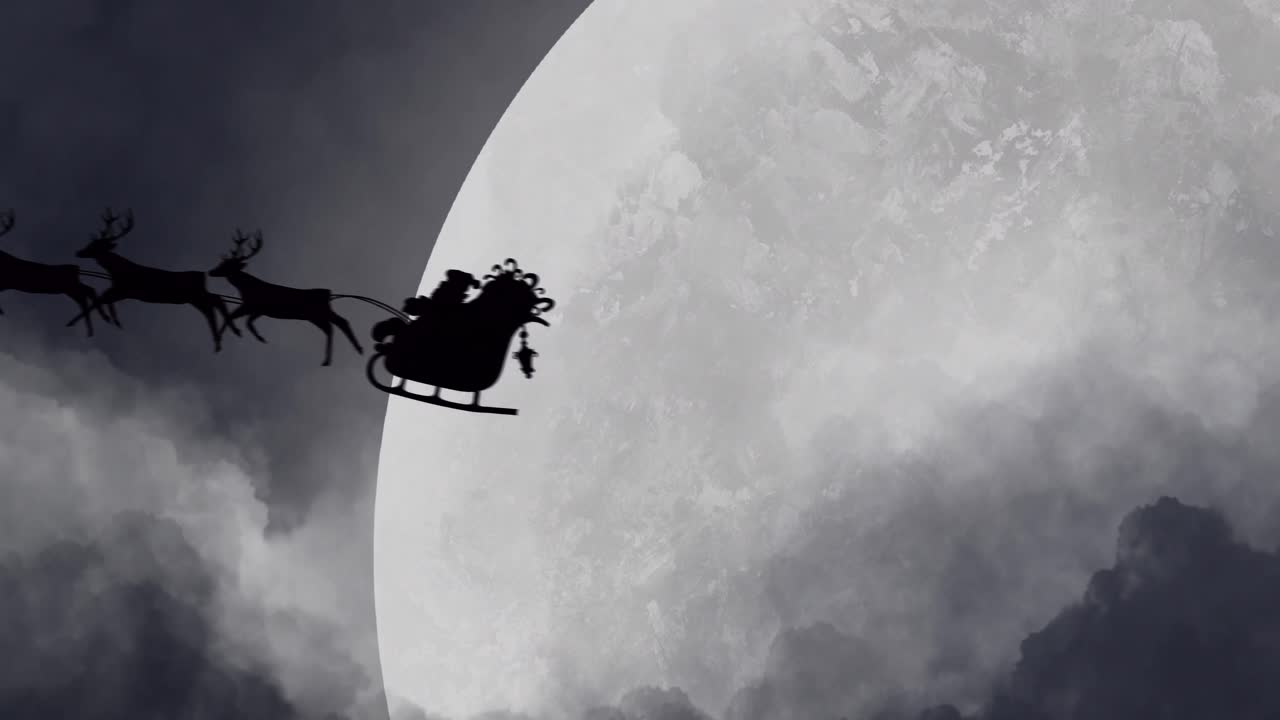 Silhouette of Santa Claus in sleigh being pulled by reindeers against moon
