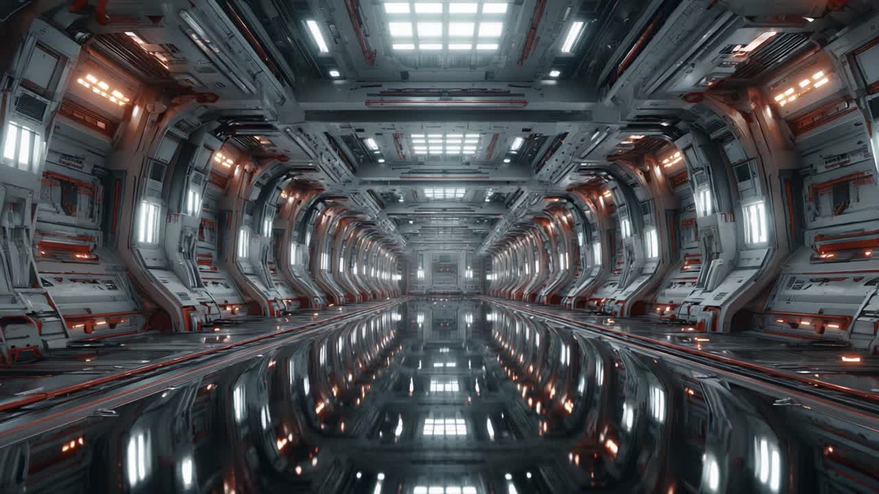 Futuristic Science Fiction Corridor with Reflective Floor and Advanced Lighting, Depicting an Intricate Interior of a Spaceship or Space Station