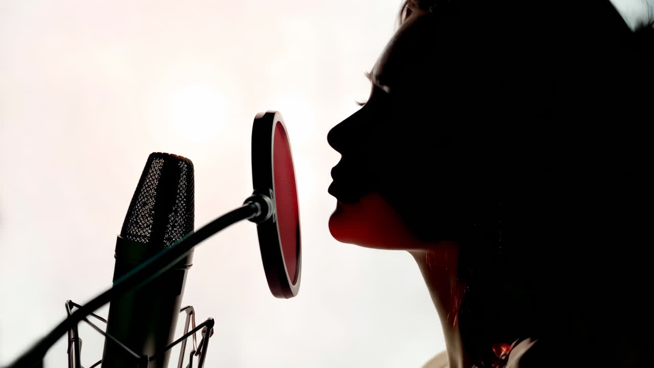 A woman is singing into a microphone. The microphone is red and has a circular shape. The woman is wearing a black shirt and is standing in front of a white background