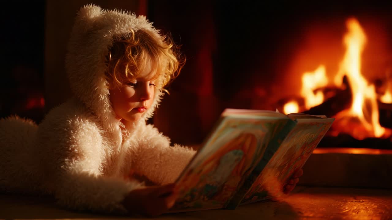 A Cozy Evening by the Fire: A Child in a Soft Hoodie Reading a Colorful Storybook, Enveloped in the Warm Glow of Flickering Flames and a Comfy Atmosphere