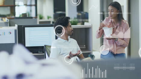 Animation of financial data processing over diverse colleagues discussing work in office