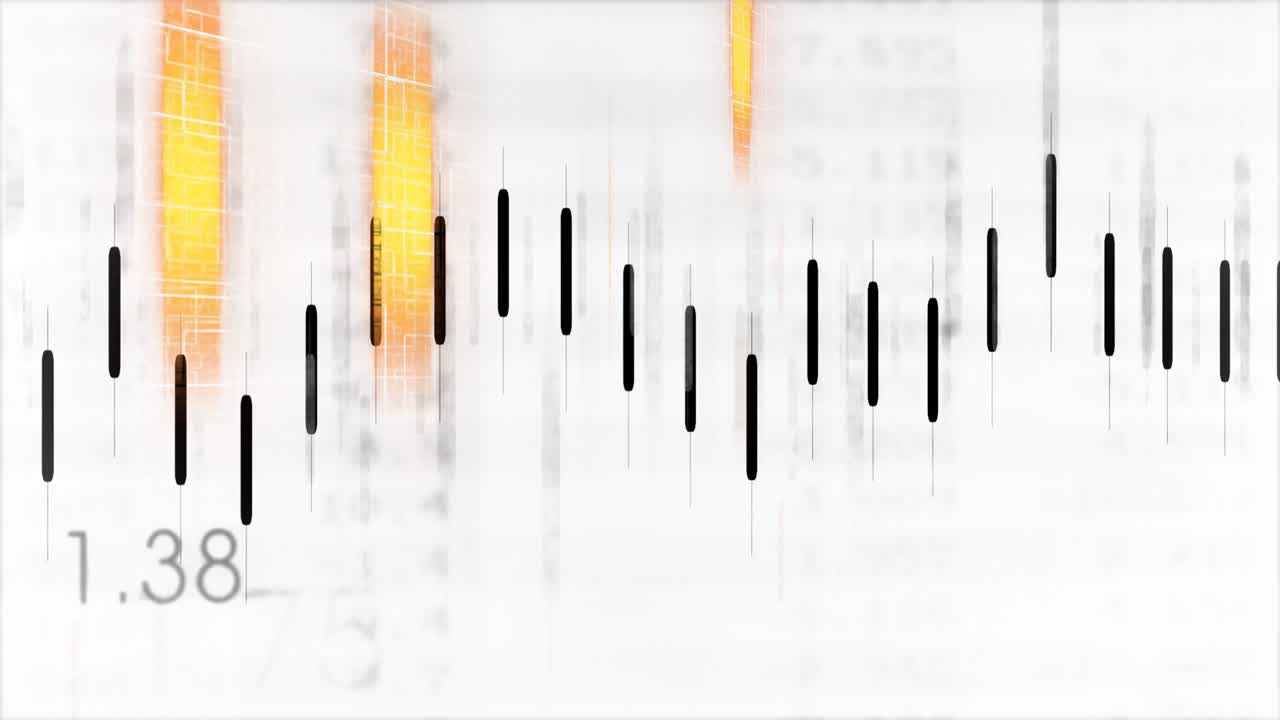 Black ticks wobbling causing line tracing waveform as orange glows marking peaks on blurred numbers