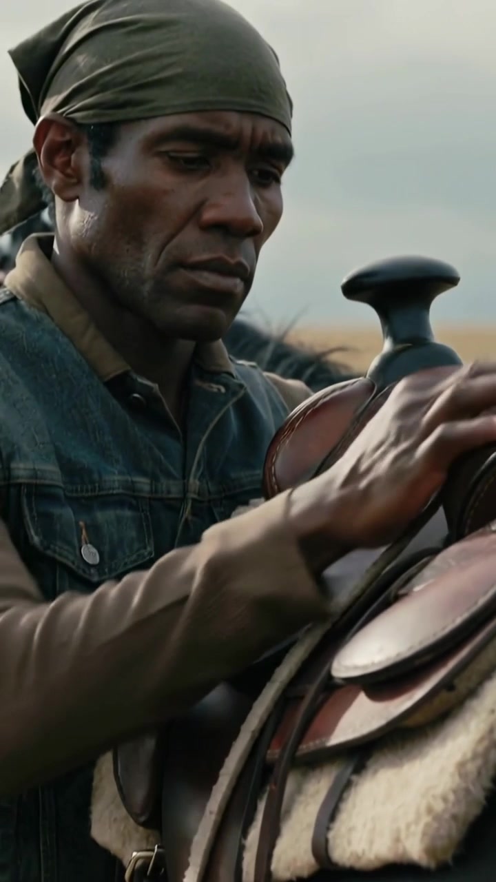 Vertical video: Reaching in, bandana-clad man tightening saddle cinch on plain, checking stirrup