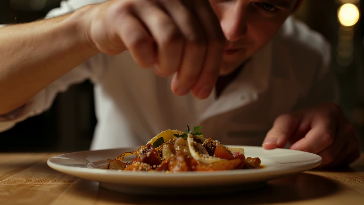 Adding chef in white coat seasoning plate for service, fixing garnish, checking at pass, with lemon