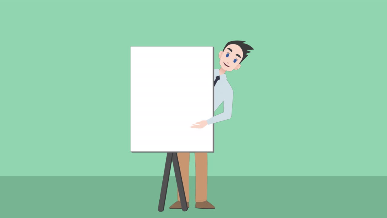 Animation of male teacher with empty board with copy space on green background