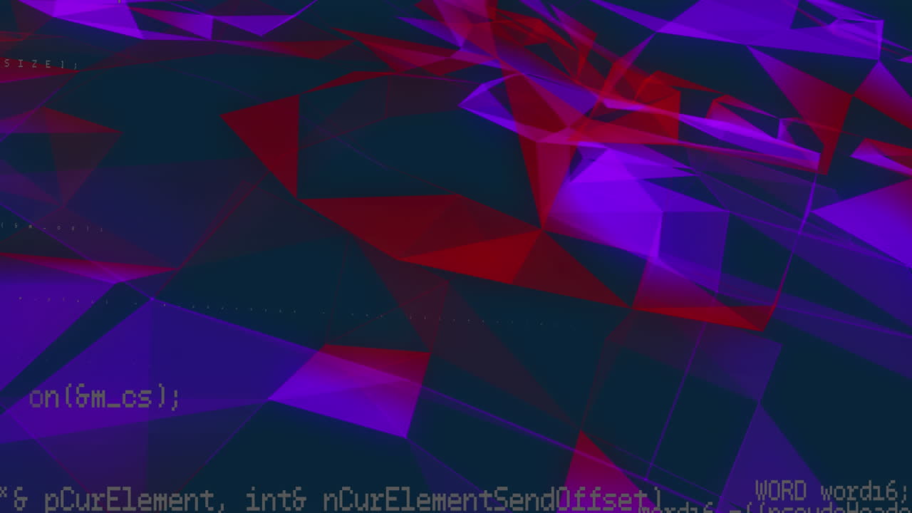 Animation of computer language over multicolored geometric shapes against black background