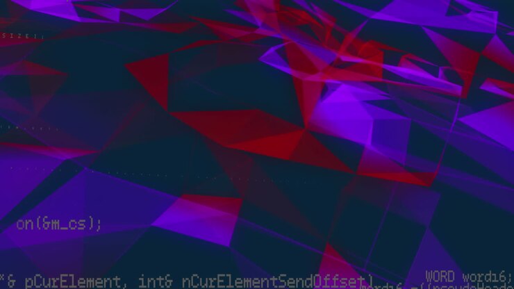 Animation of computer language over multicolored geometric shapes against black background