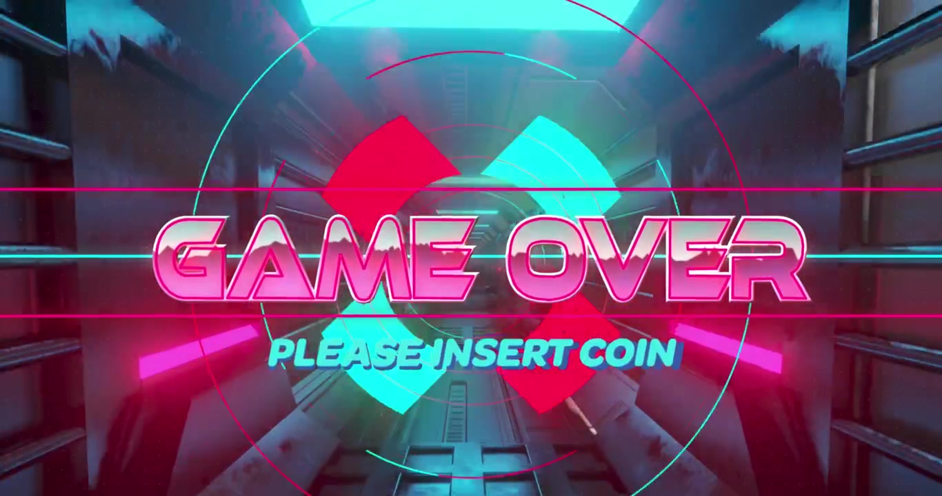 Animaatio "Game Over" ja "Please Insert Coin" -teksteistä silmukoituvan futuristisen tunnelin päällä.