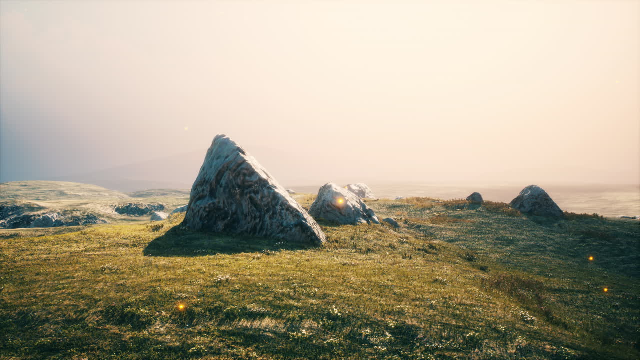 prado alpino con rocas y hierba verde