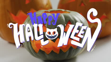 feliz banner de texto de halloween contra calabazas de halloween sobre fondo blanco