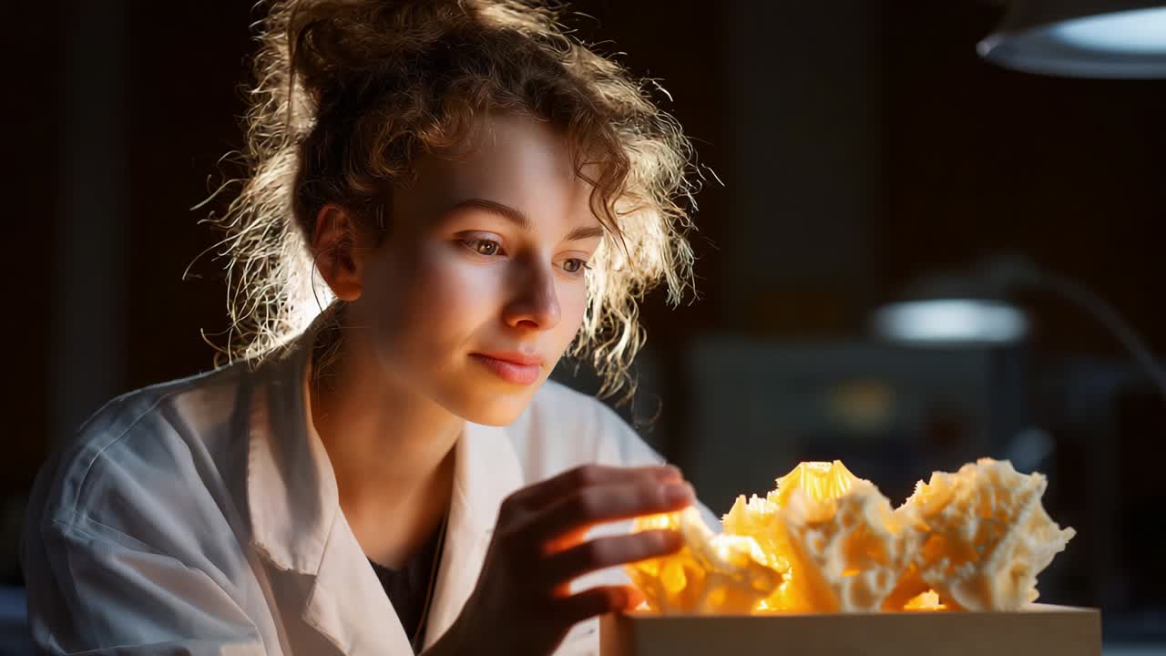 A Dedicated Scientist Engaged in the Study of Bioluminescent Structures, Illuminating Unique Natural Forms with Care and Curiosity, Focused on Capturing the Beauty of Scientific Discovery in a Dimly Lit Laboratory Setting
