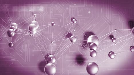 Animation-of-glitch-effect-on-molecular-structures,-microprocessor-connections-on-purple-background