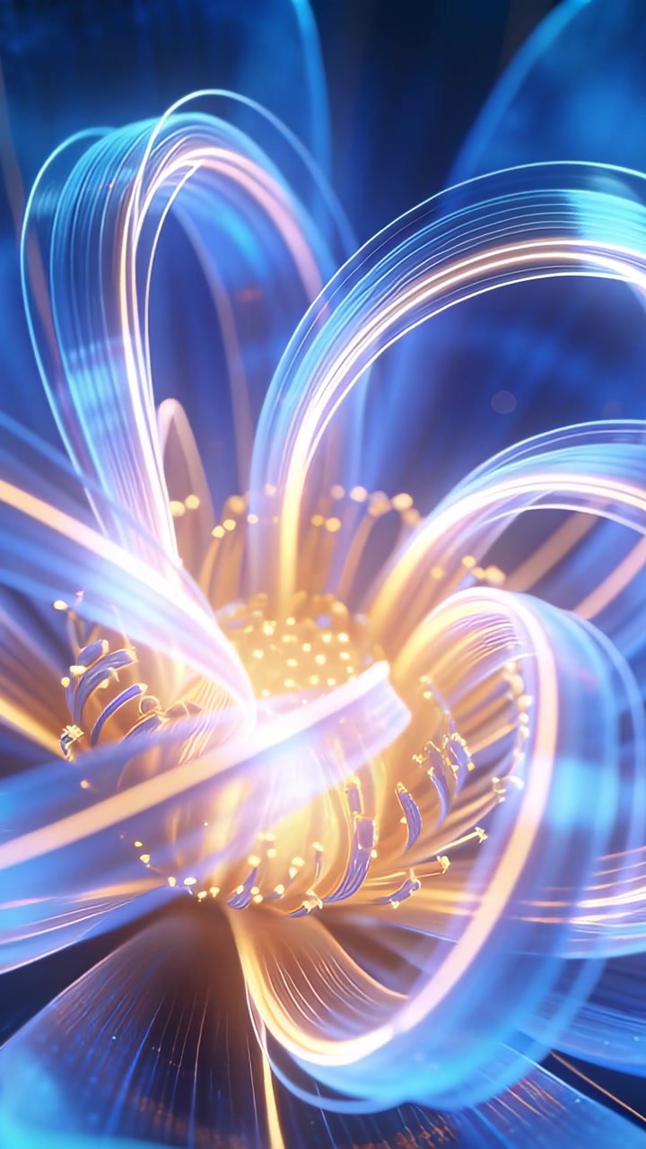 Vertical video: Looping lit bloom sweeping ribbons in studio, beaded gold core pulsing for effect