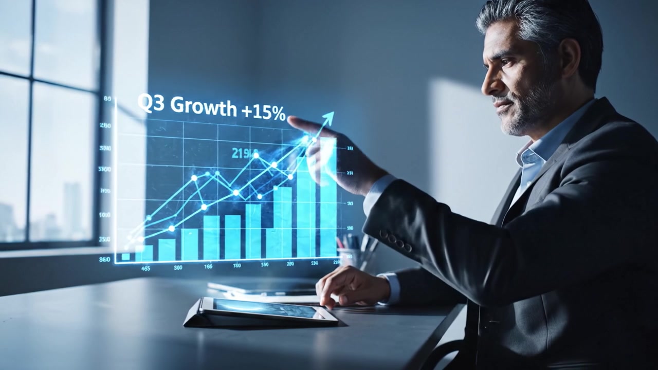 Uomo d'affari che analizza i dati di crescita tramite un tablet digitale in un moderno ambiente d'ufficio con grafici che riflettono metriche di performance e tendenze.