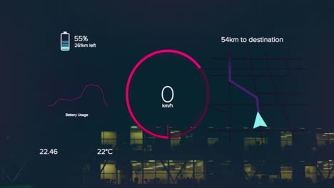 Animation-of-changing-numbers-in-loading-circle,-battery-icon-and-navigation-pattern-over-building