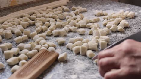 chef cutting rolls of potato dough for the preparation of homemade gnocchi