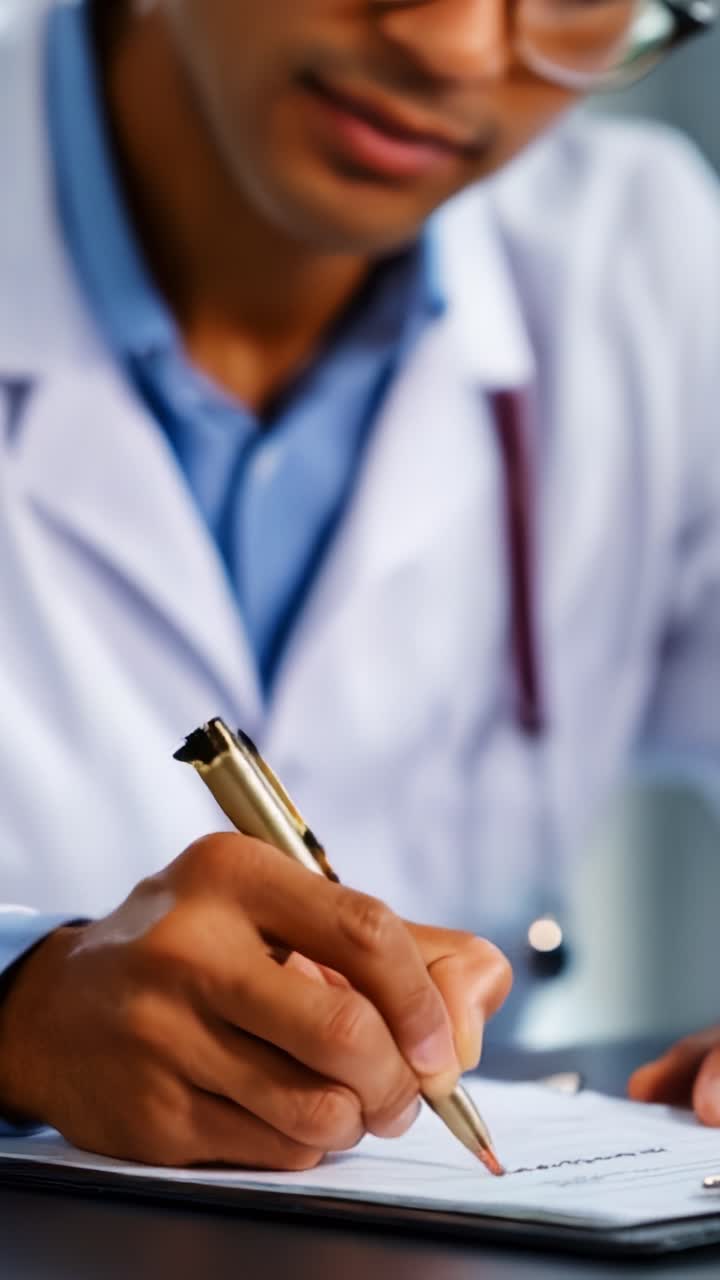Un medico specializzato prende appunti mentre esamina le informazioni del paziente con cura e attenzione in un ambiente clinico ben illuminato, dimostrando dedizione alla salute