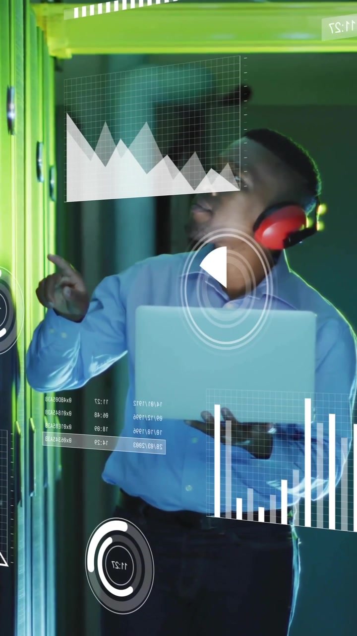 Animation of financial data processing over african american businessman in server room