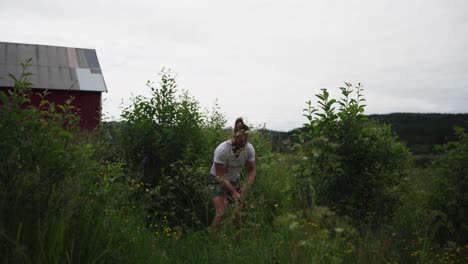 man removing grasses in the backyard using sickle