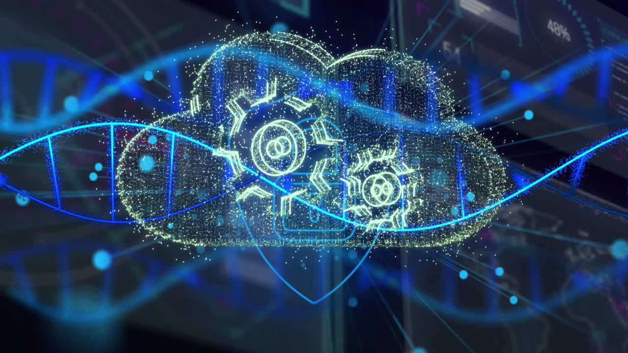 Animation of dna strand, cogs and cloud on dark background
