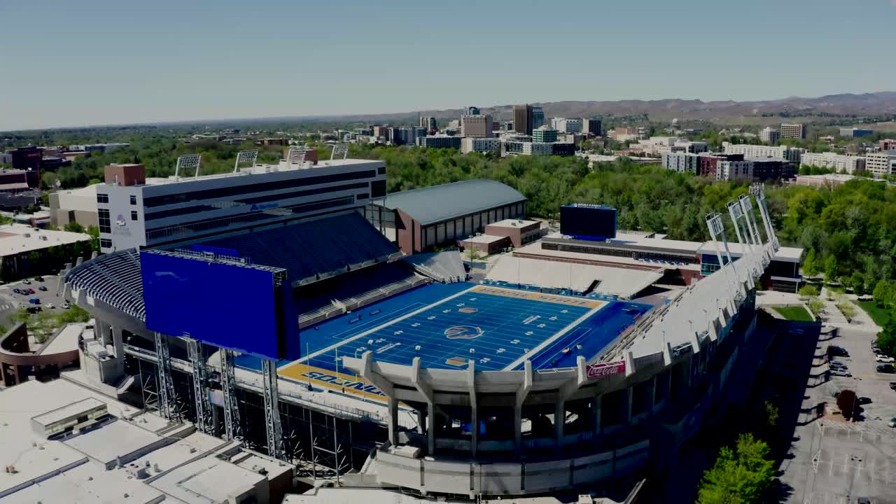 Drone shot pulling away from the Boise State football stadium in Idaho.