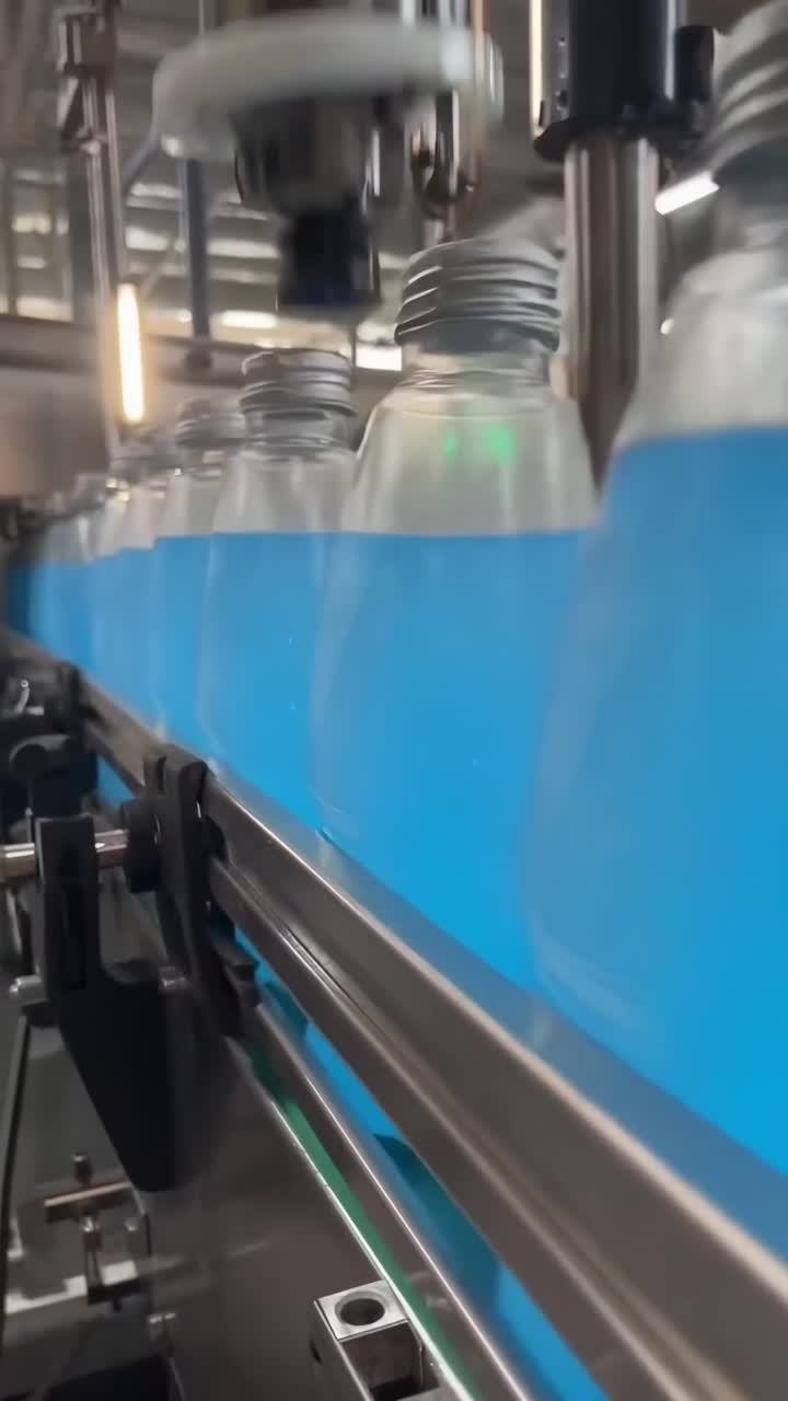 Close-up video of blue bottles on a conveyor belt in a factory, shot from a low angle