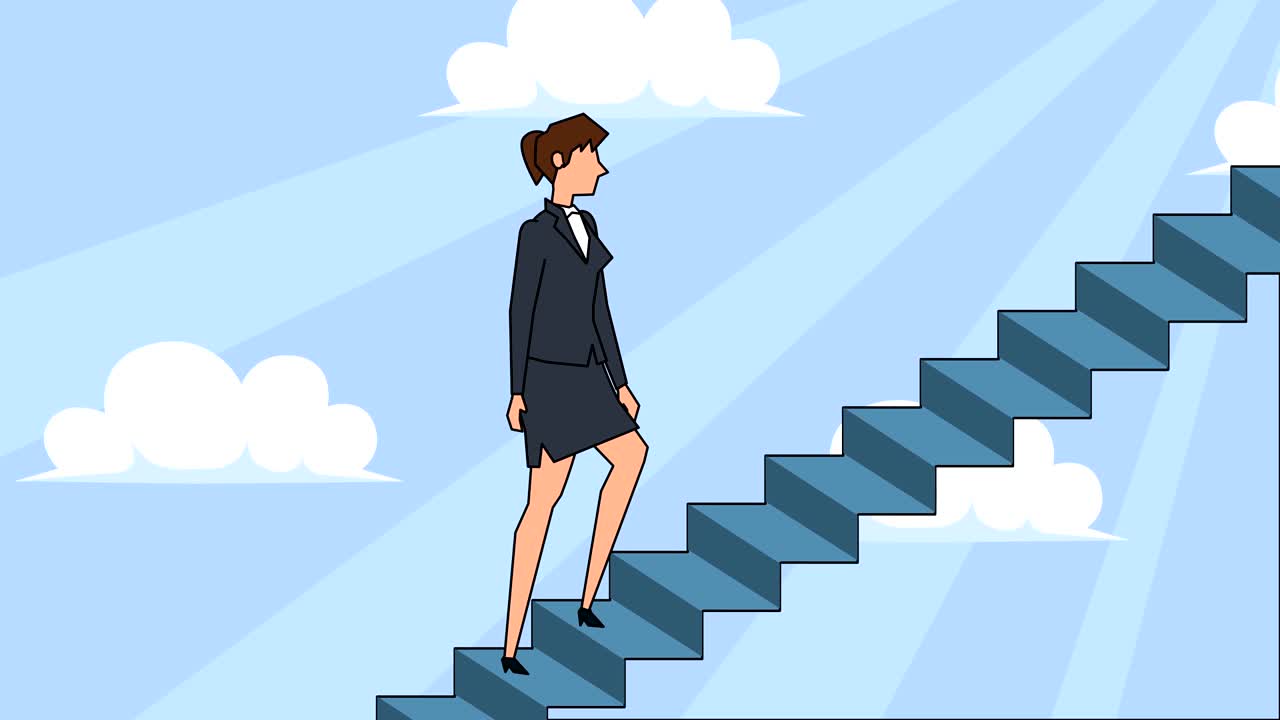 el personaje de la mujer de negocios de dibujos animados sube las escaleras de la carrera. animación conceptual.