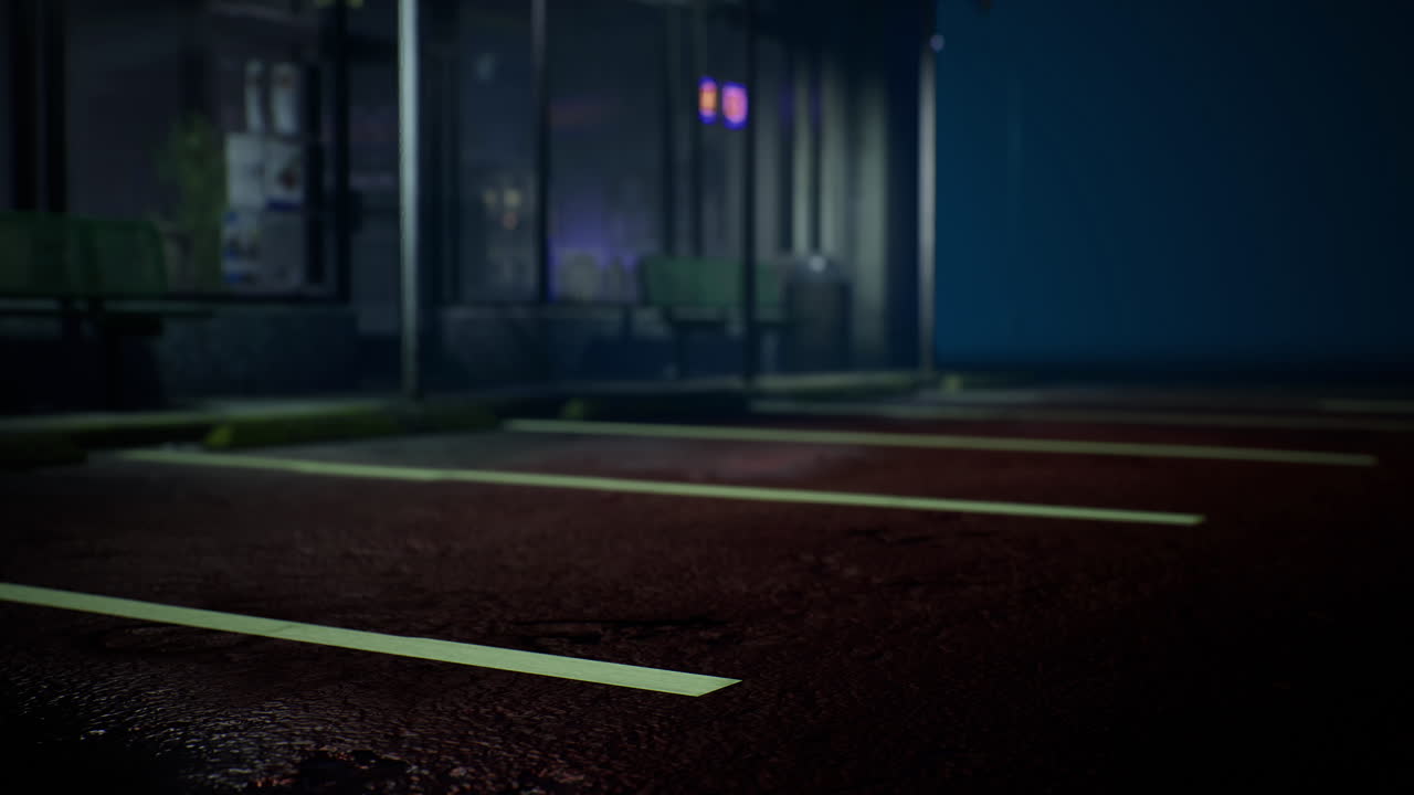 Urban night scene with wet pavement and glowing parking lines