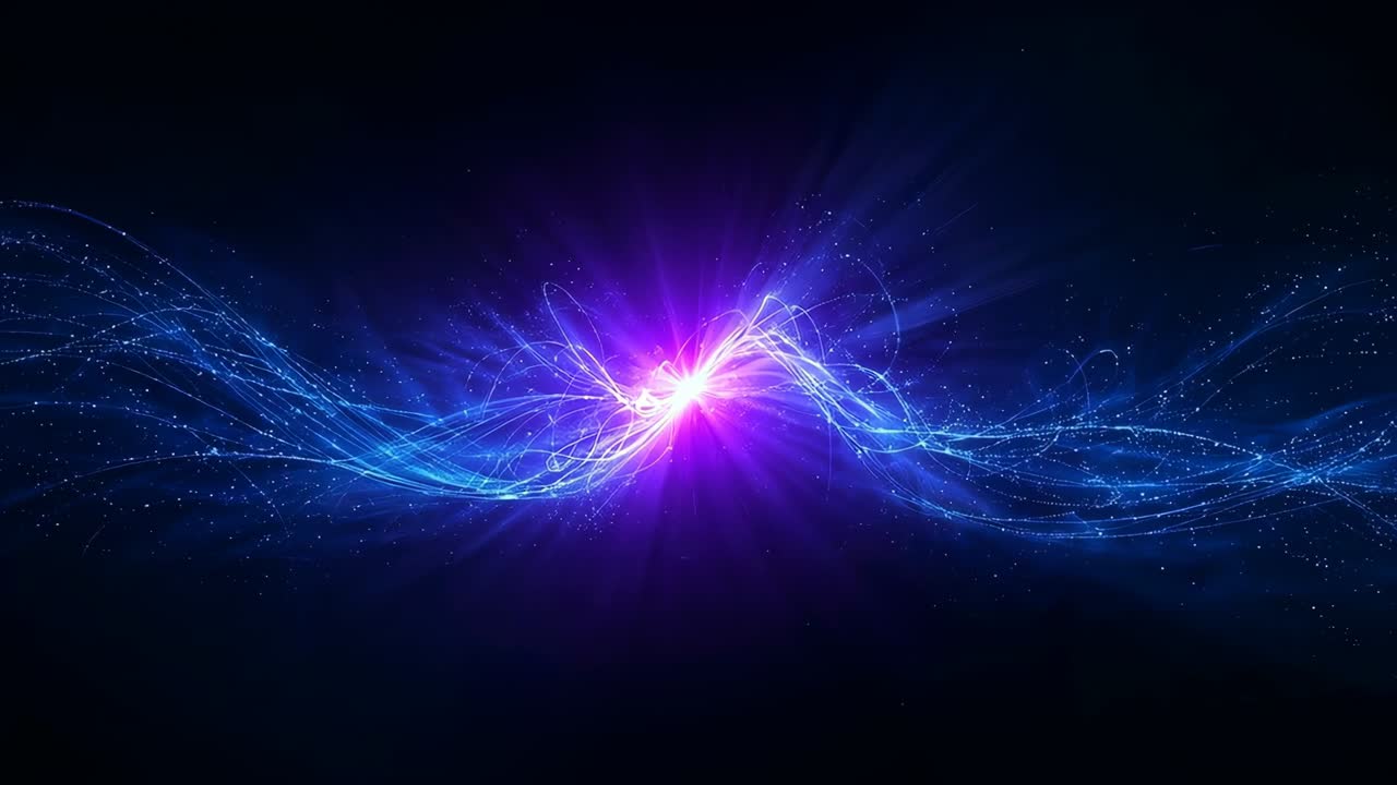 Converging blue waveforms colliding toward center in navy-black void, forming white-hot core