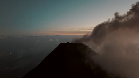 Close-up-aerial-of-Fuego-volcano-during-sunset-in-Guatemala