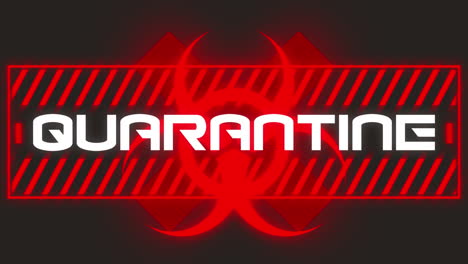 animation of quarantine text over warning sign on black background