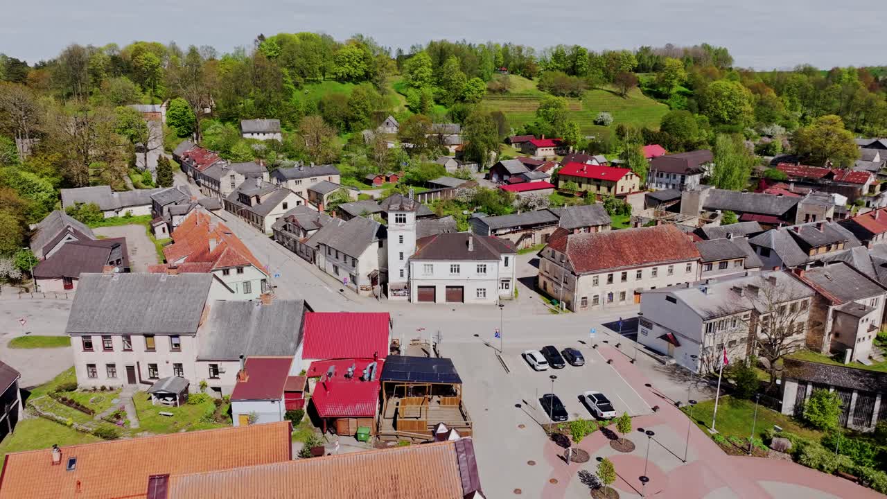 Peaceful aerial view of Sabile Latvia showing town square and colorful rooftops